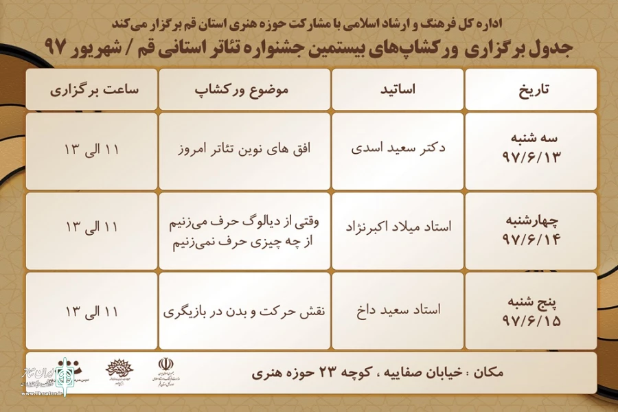 برگزاری ورکشاپ های آموزشی بیستمین جشنواره تئاتر استانی قم 2